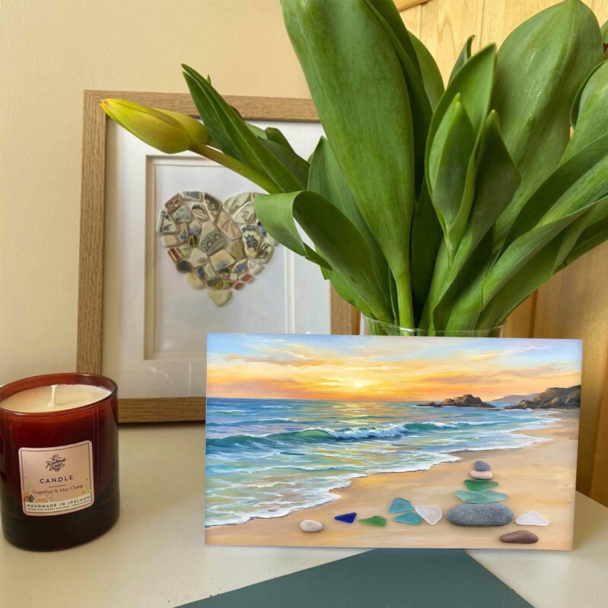 Golden Sunset Ocean Waves Sea Glass Framed Art - Seaglass Card - 6" X 8" - image 1