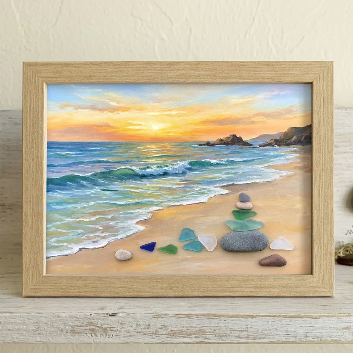 Golden Sunset Ocean Waves Sea Glass Framed Art - Oak - 6" X 8" - image 6