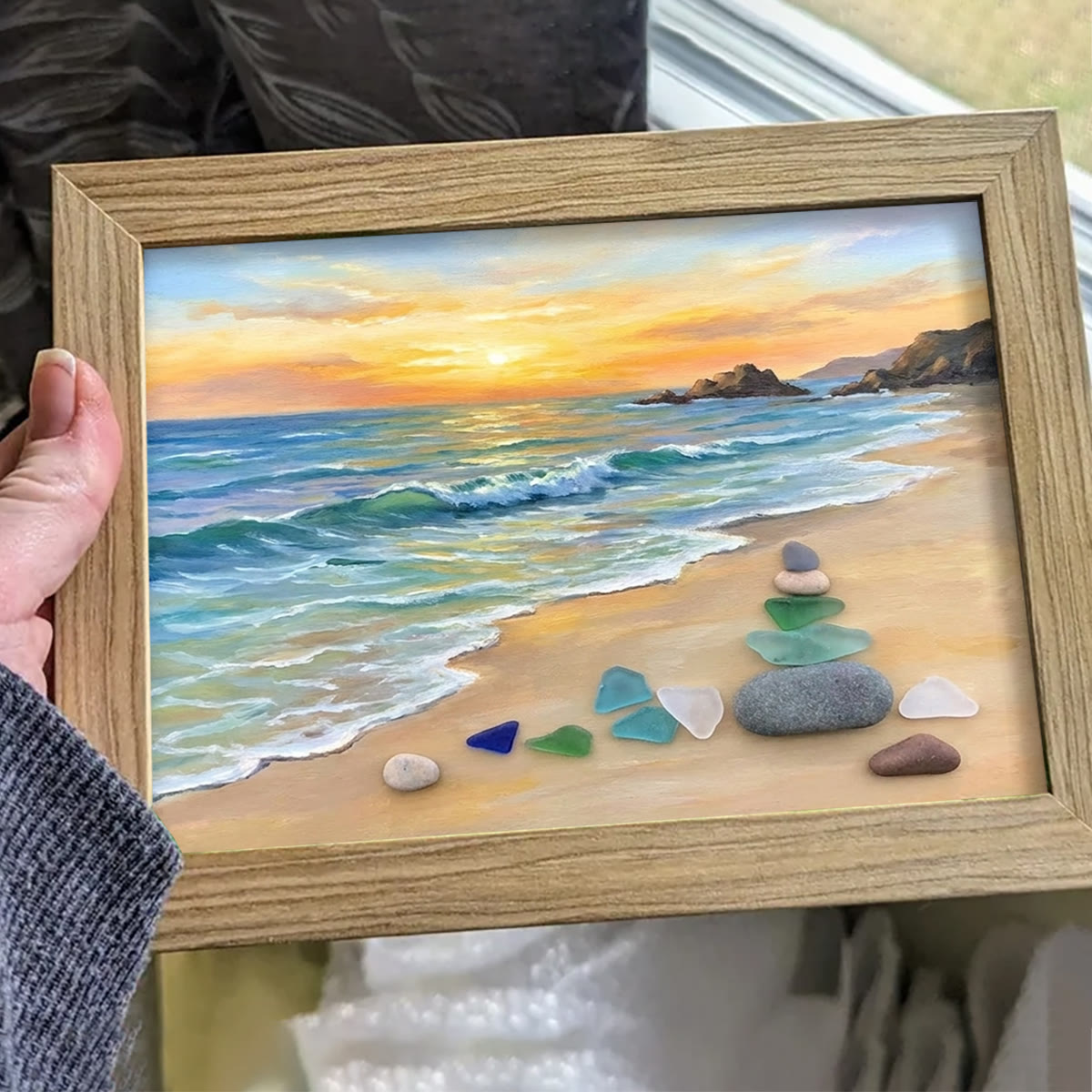 Golden Sunset Ocean Waves Sea Glass Framed Art - image 2