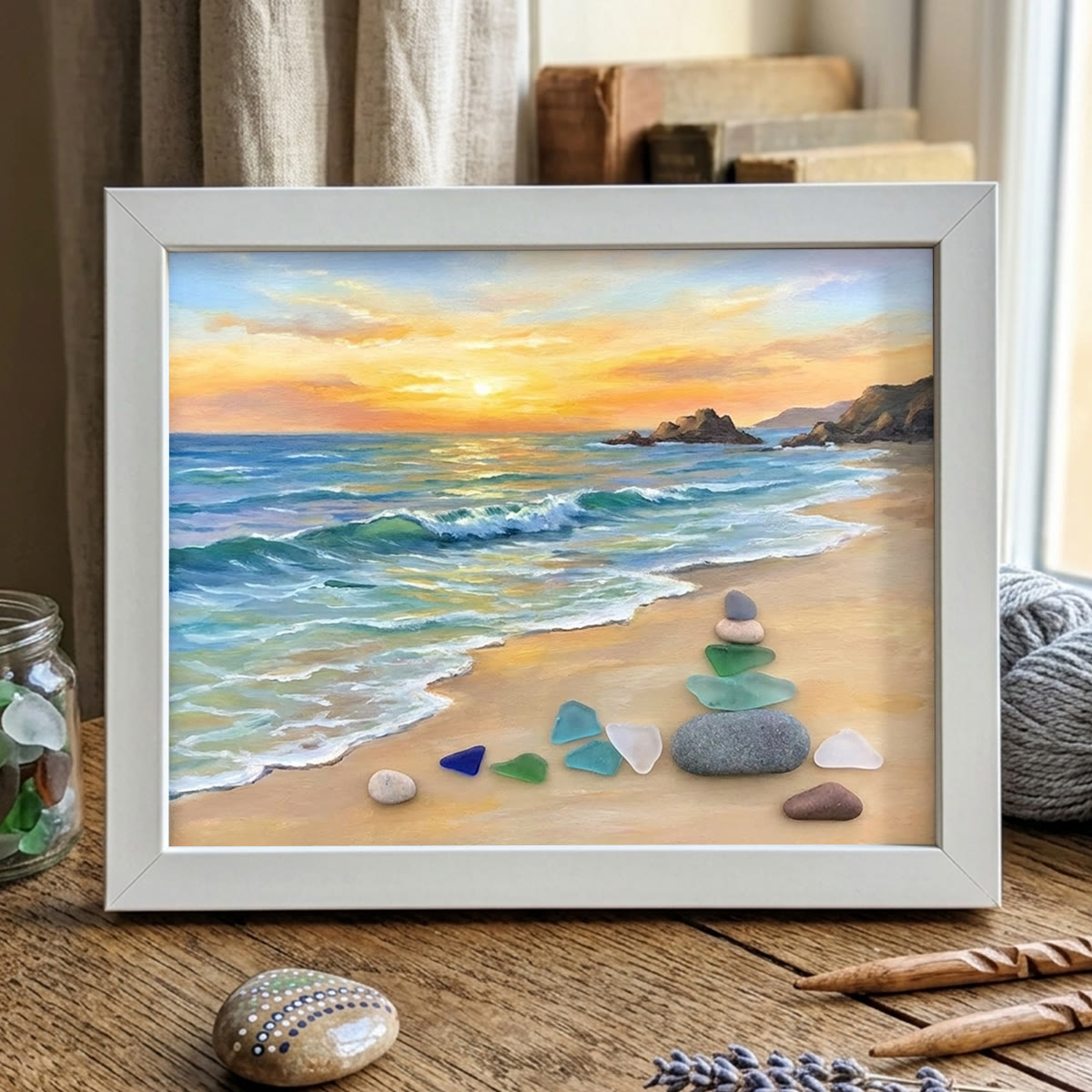 Golden Sunset Ocean Waves Sea Glass Framed Art - White - 6" X 8" - image 9