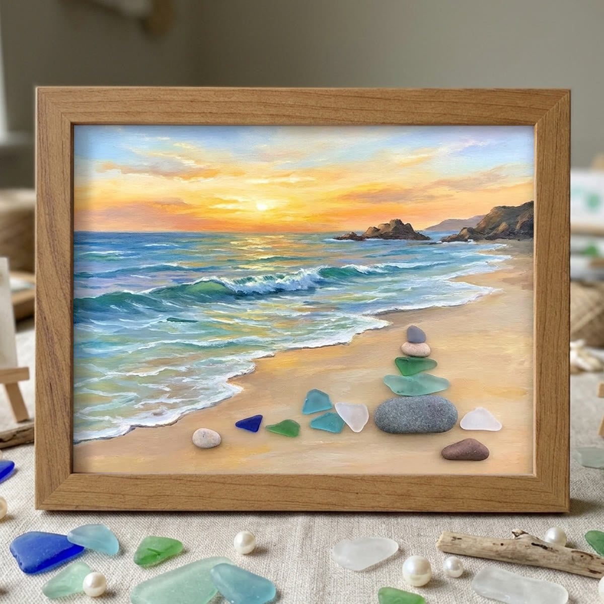Golden Sunset Ocean Waves Sea Glass Framed Art - Walnut Brown - 6" X 8" - image 7