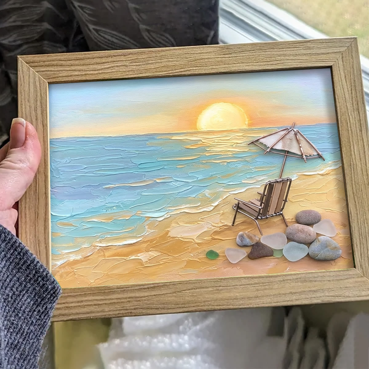 Beach Chair Watching Ocean Sunset Sea Glass Framed Art - image 3