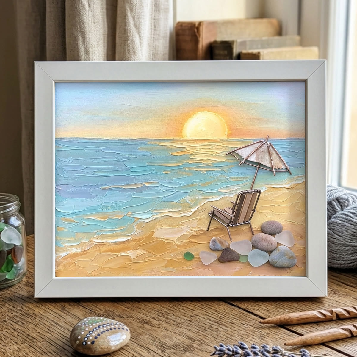 Beach Chair Watching Ocean Sunset Sea Glass Framed Art - White - 6" X 8" - image 9