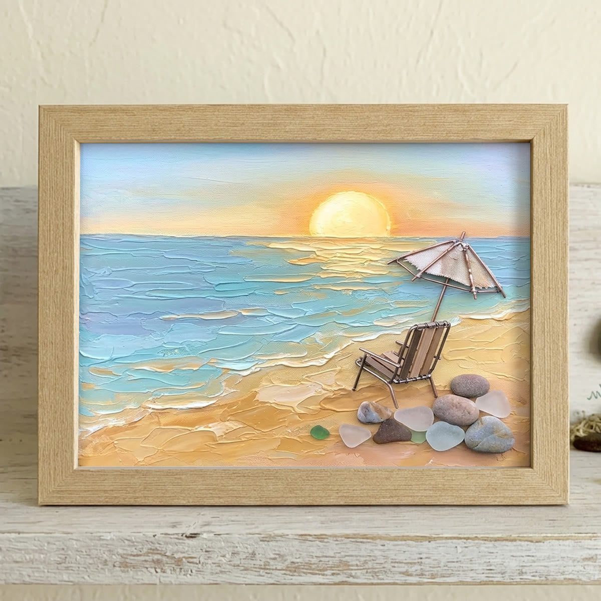 Beach Chair Watching Ocean Sunset Sea Glass Framed Art - Oak - 6" X 8" - image 6