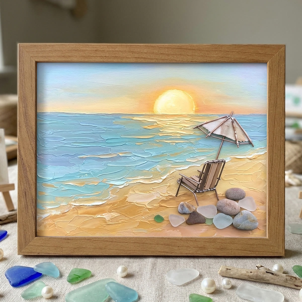Beach Chair Watching Ocean Sunset Sea Glass Framed Art - Walnut Brown - 6" X 8" - image 7