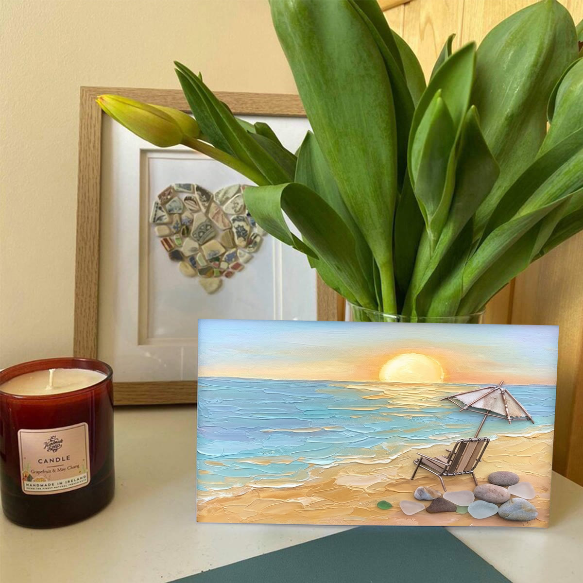 Beach Chair Watching Ocean Sunset Sea Glass Framed Art - Seaglass Card - 6" X 8" - image 1