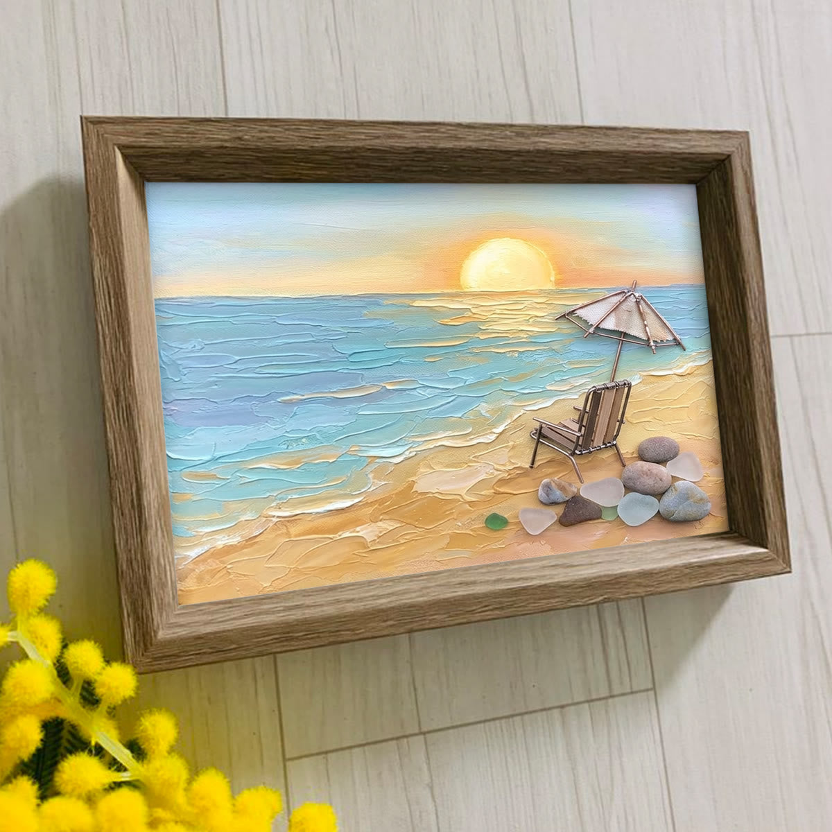 Beach Chair Watching Ocean Sunset Sea Glass Framed Art - image 2