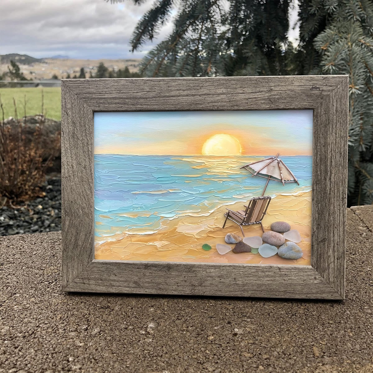 Beach Chair Watching Ocean Sunset Sea Glass Framed Art - image 0