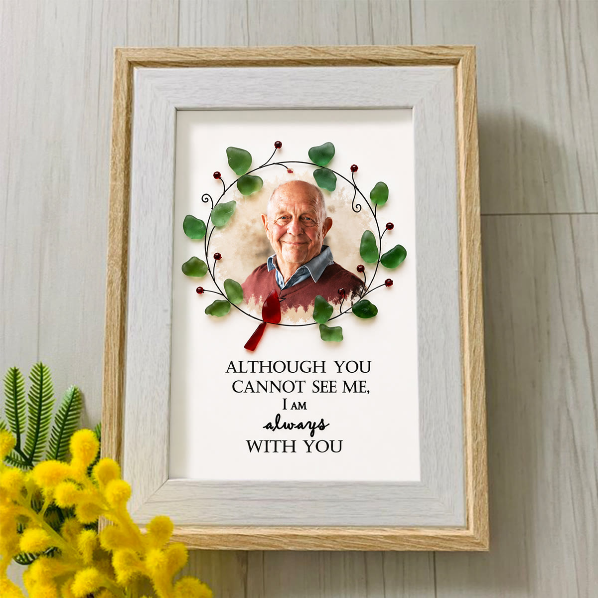 Custom Loved One Photo Memorial Sea Glass Wreath Framed Art - image 0