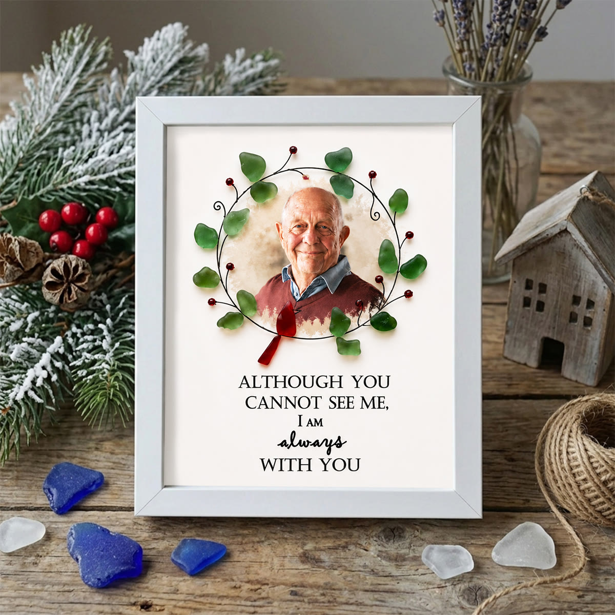 Custom Loved One Photo Memorial Sea Glass Wreath Framed Art - White - 8" X 6" - image 9