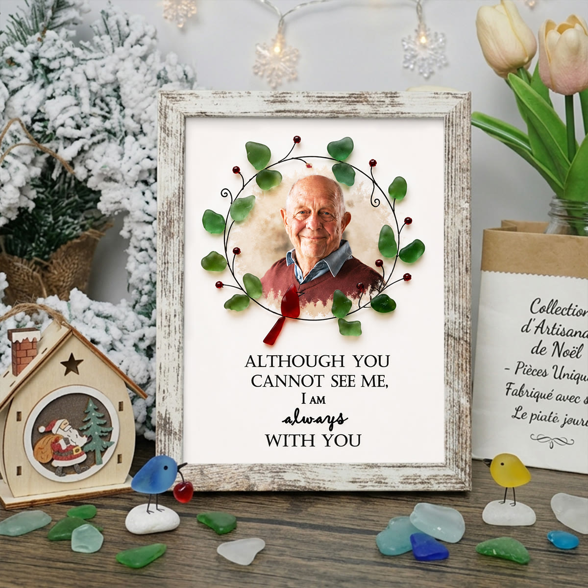 Custom Loved One Photo Memorial Sea Glass Wreath Framed Art - Retro White - 8" X 6" - image 10