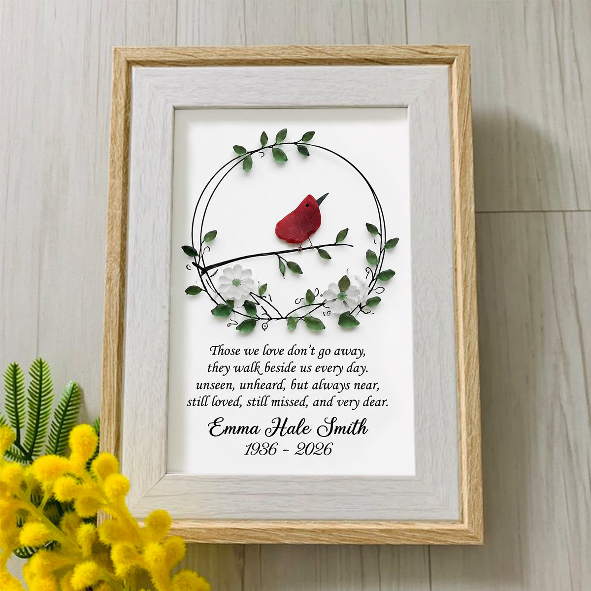 Custom Name & Date Bird Memorial Sea Glass Wreath Framed Art - image 3