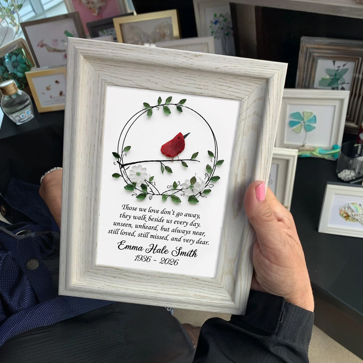 Custom Name & Date Bird Memorial Sea Glass Wreath Framed Art - image 5