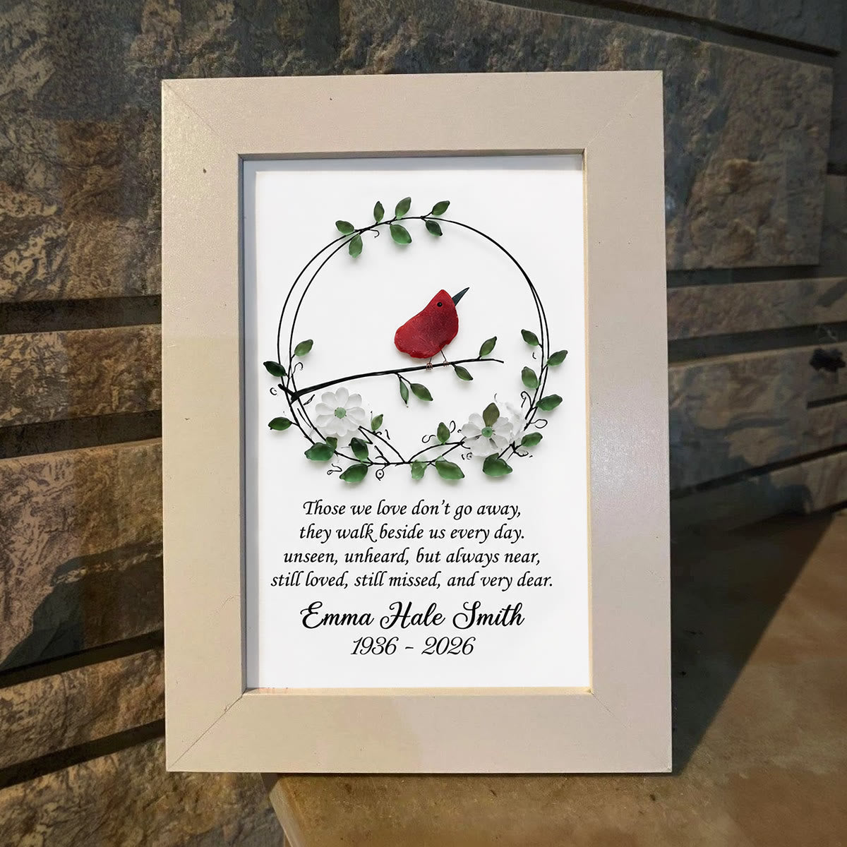 Custom Name & Date Bird Memorial Sea Glass Wreath Framed Art - image 0
