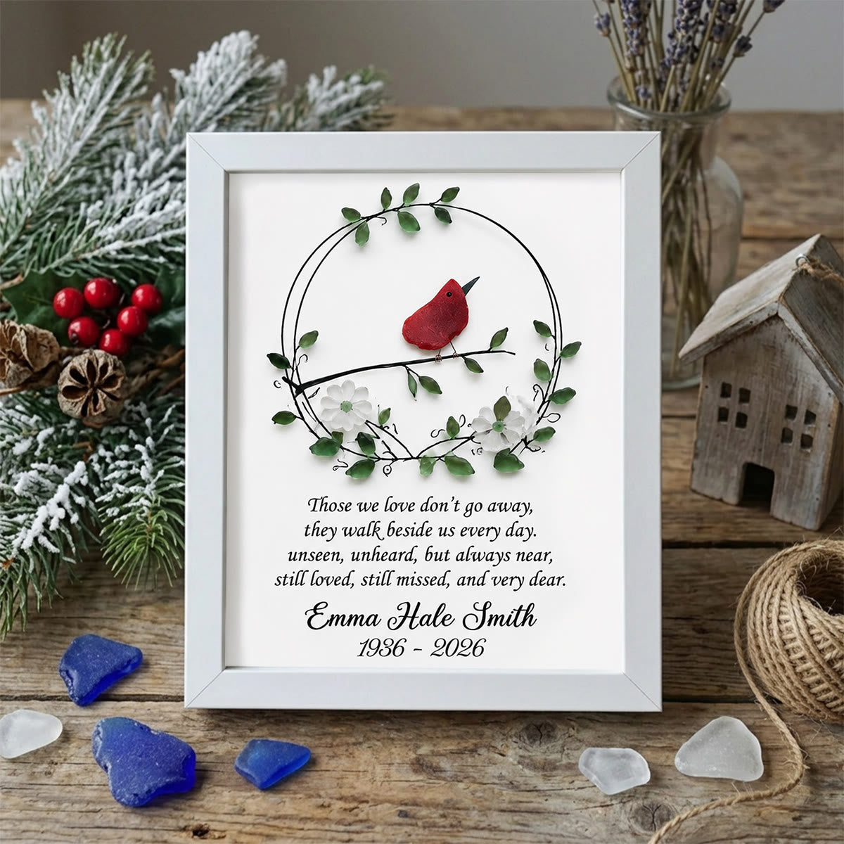 Custom Name & Date Bird Memorial Sea Glass Wreath Framed Art - White - 8" X 6" - image 9