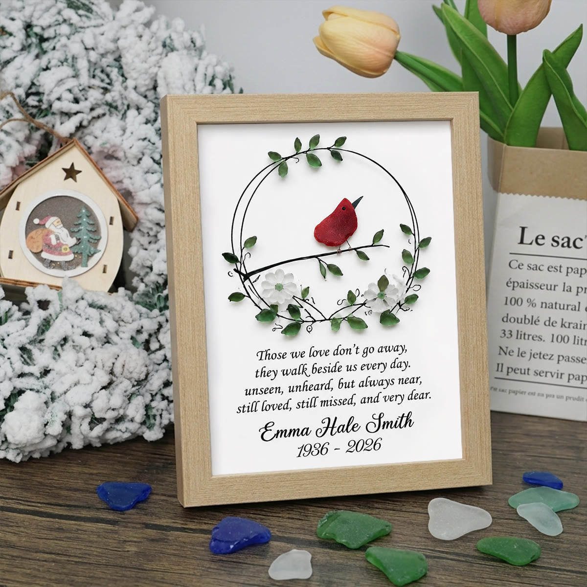 Custom Name & Date Bird Memorial Sea Glass Wreath Framed Art - Oak - 8" X 6" - image 6