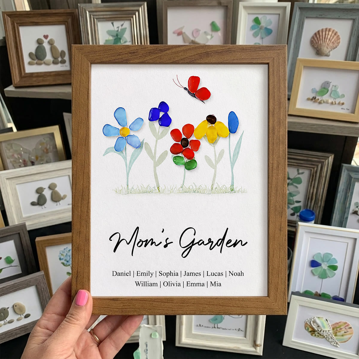 Mom's Garden Custom Names Flower Sea Glass Framed Art - Walnut Brown - 8" X 6" - image 7