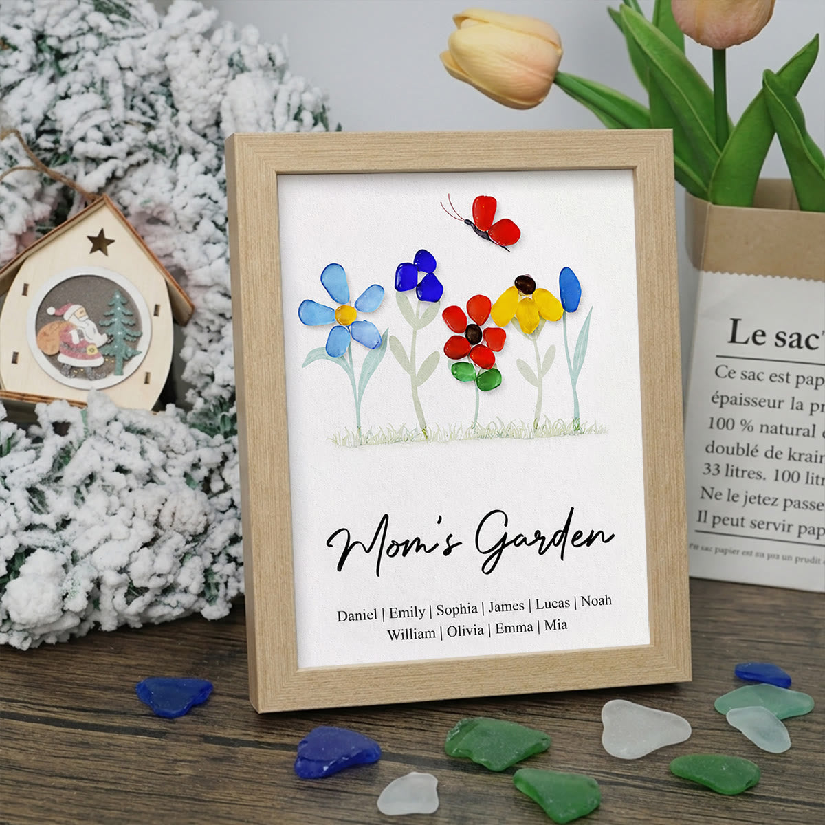 Mom's Garden Custom Names Flower Sea Glass Framed Art - Oak - 8" X 6" - image 6
