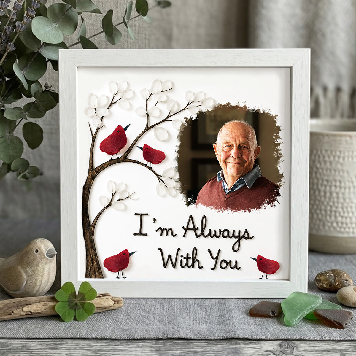 Always With You Personalized Memorial Photo Sea Glass Framed Art - White - 8" X 8" - image 9