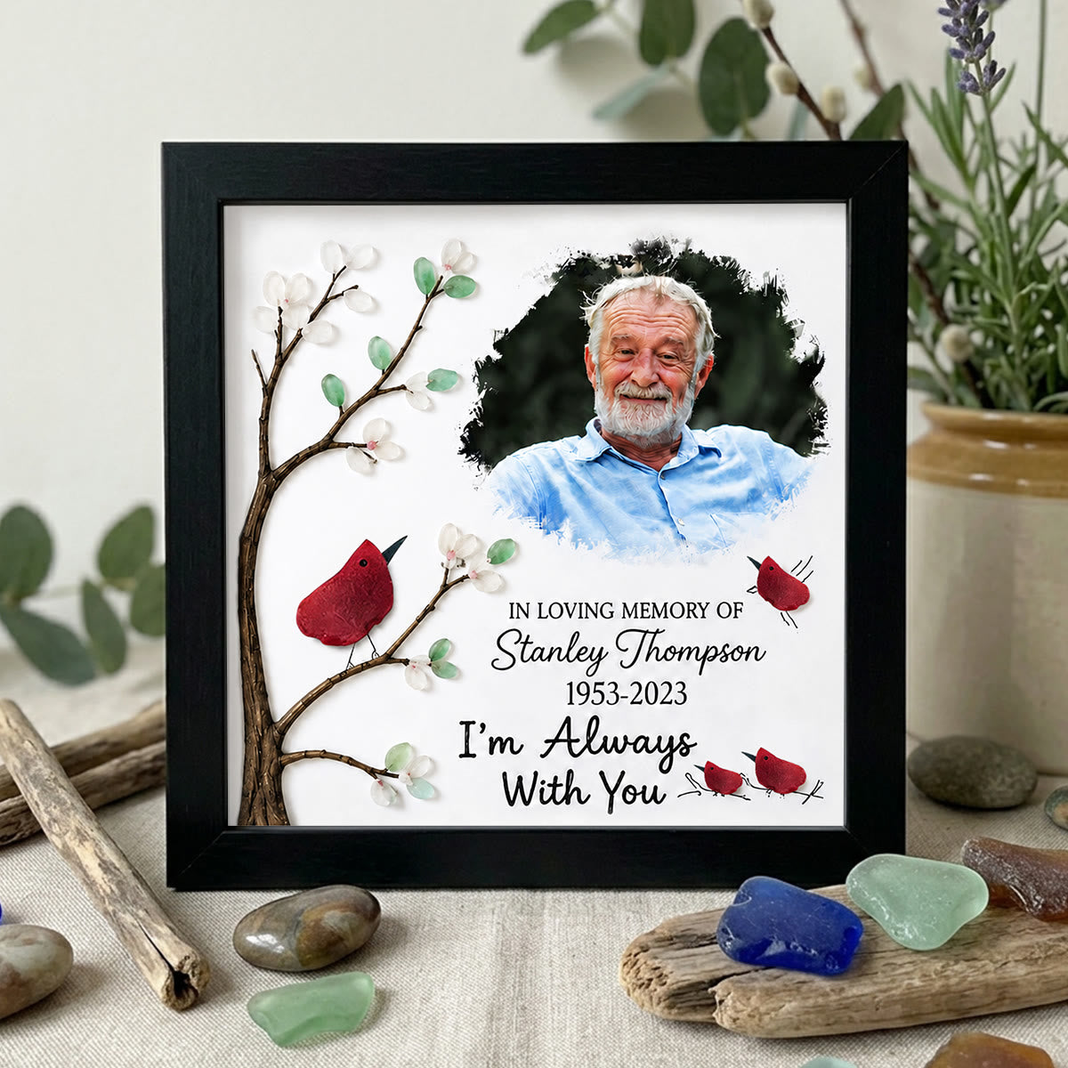 Custom Photo Name Date Memorial Sea Glass Framed Art - Black - 8" X 8" - image 8