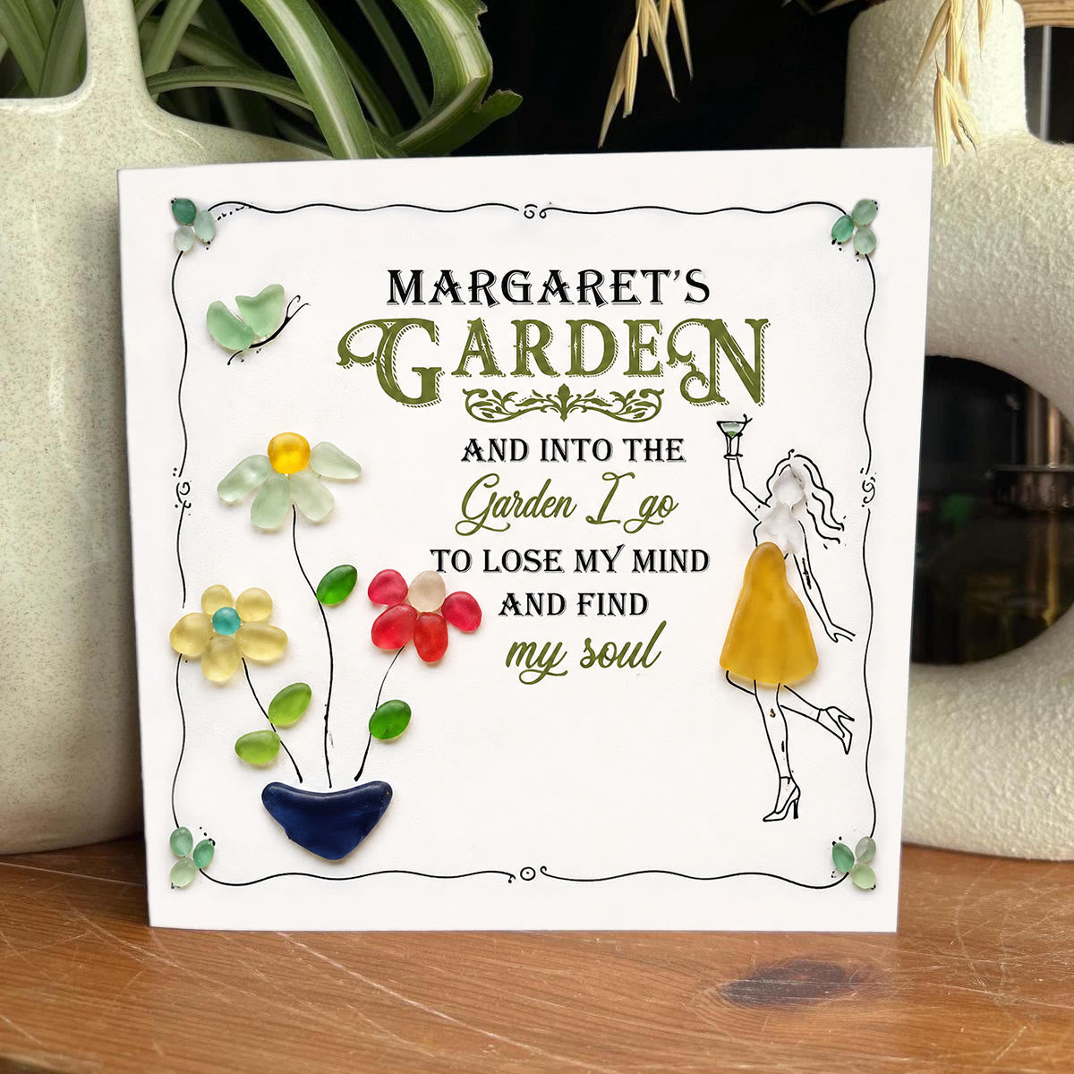 Cocktail Girl & Garden Flower Custom Name Sea Glass Framed Art - Seaglass Card - 8" X 8" - image 1