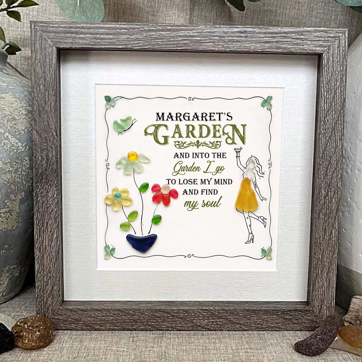 Cocktail Girl & Garden Flower Custom Name Sea Glass Framed Art - image 6