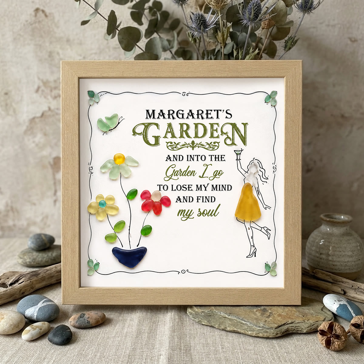 Cocktail Girl & Garden Flower Custom Name Sea Glass Framed Art - Oak - 8" X 8" - image 7