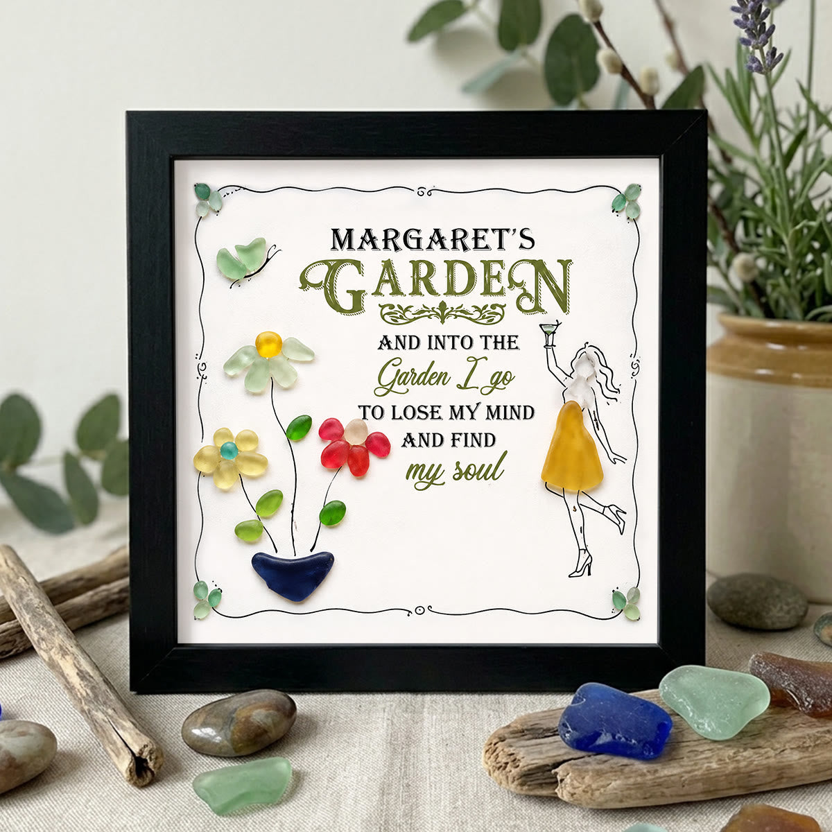 Cocktail Girl & Garden Flower Custom Name Sea Glass Framed Art - Black - 8" X 8" - image 8