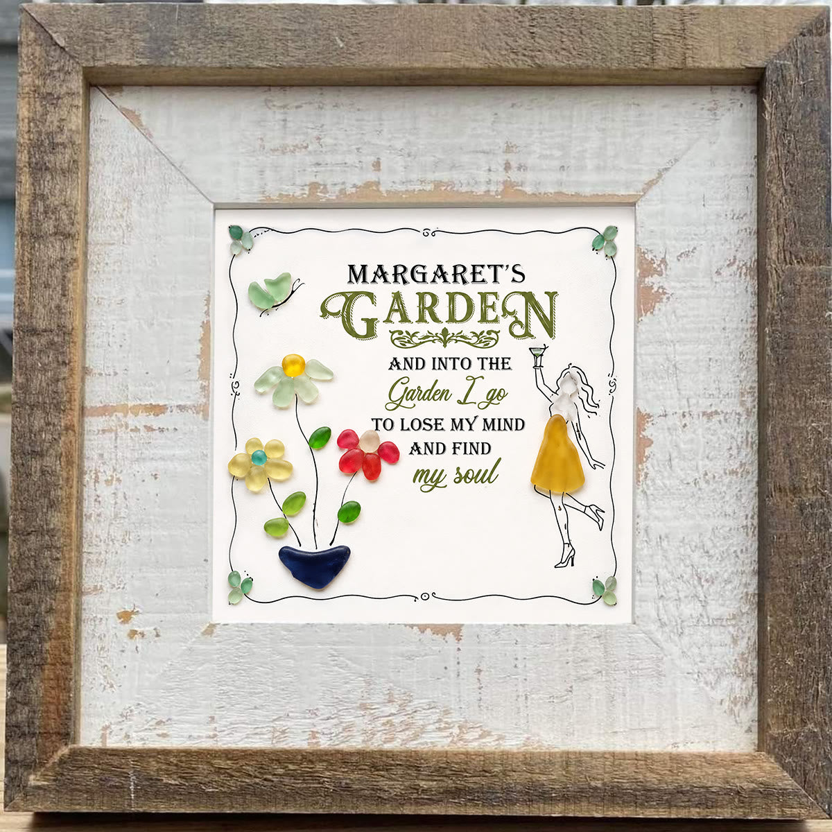 Cocktail Girl & Garden Flower Custom Name Sea Glass Framed Art - image 5