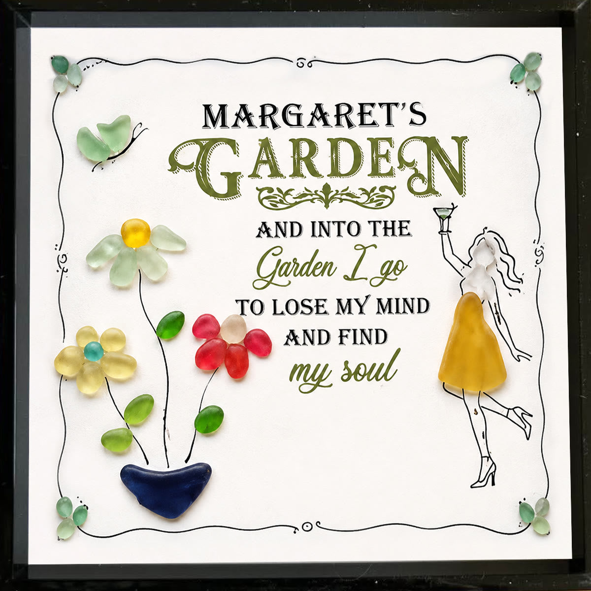 Cocktail Girl & Garden Flower Custom Name Sea Glass Framed Art - image 3