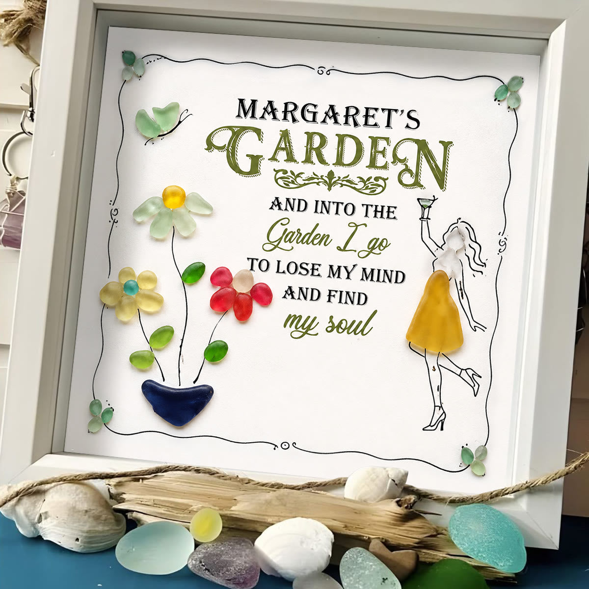 Cocktail Girl & Garden Flower Custom Name Sea Glass Framed Art - image 0