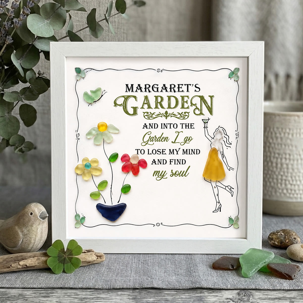 Cocktail Girl & Garden Flower Custom Name Sea Glass Framed Art - White - 8" X 8" - image 9