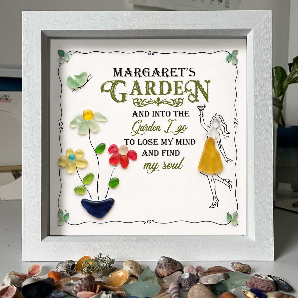 Cocktail Girl & Garden Flower Custom Name Sea Glass Framed Art - image 4