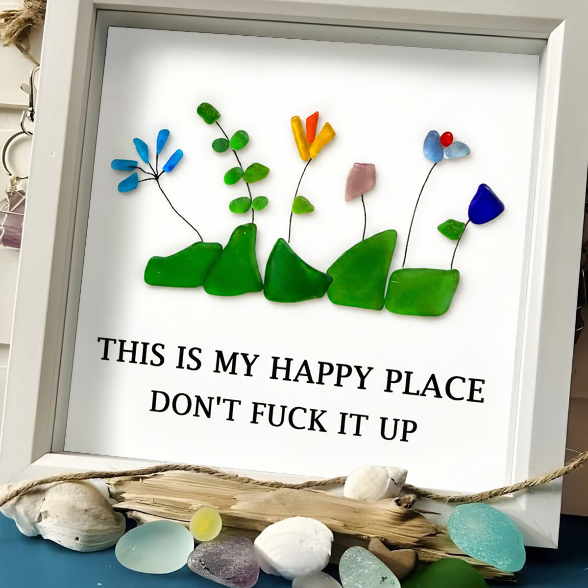 Happy Place Sarcastic Garden Quote Sea Glass Framed Art - image 5