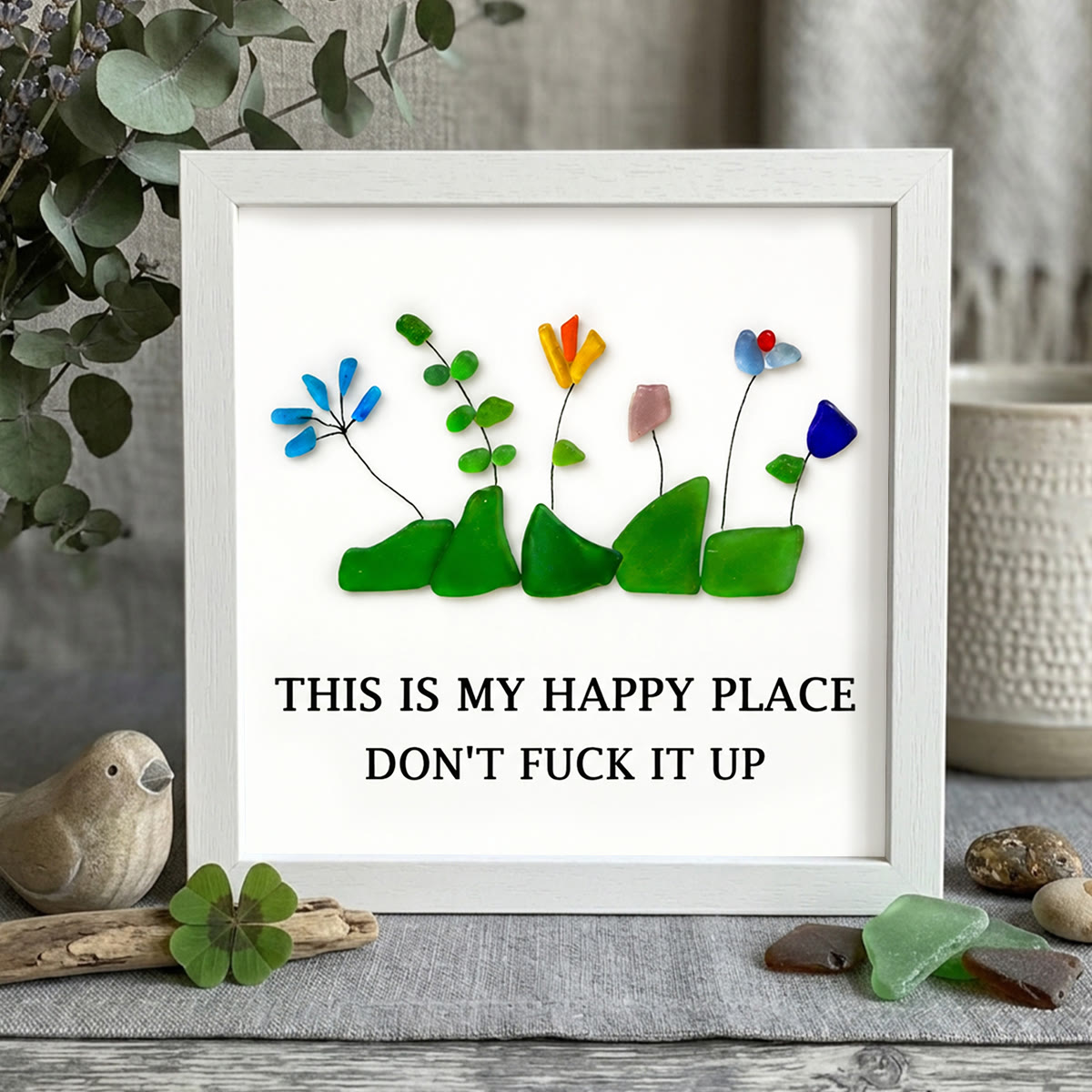 Happy Place Sarcastic Garden Quote Sea Glass Framed Art - White - 8" X 8" - image 9
