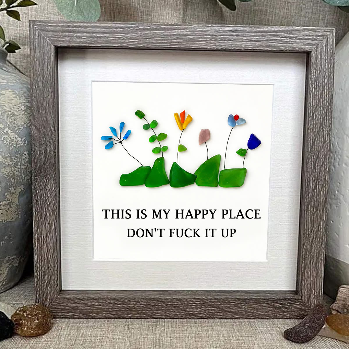 Happy Place Sarcastic Garden Quote Sea Glass Framed Art - image 6