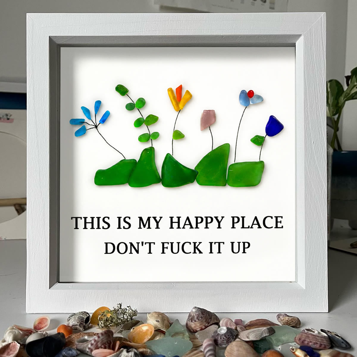 Happy Place Sarcastic Garden Quote Sea Glass Framed Art - image 0