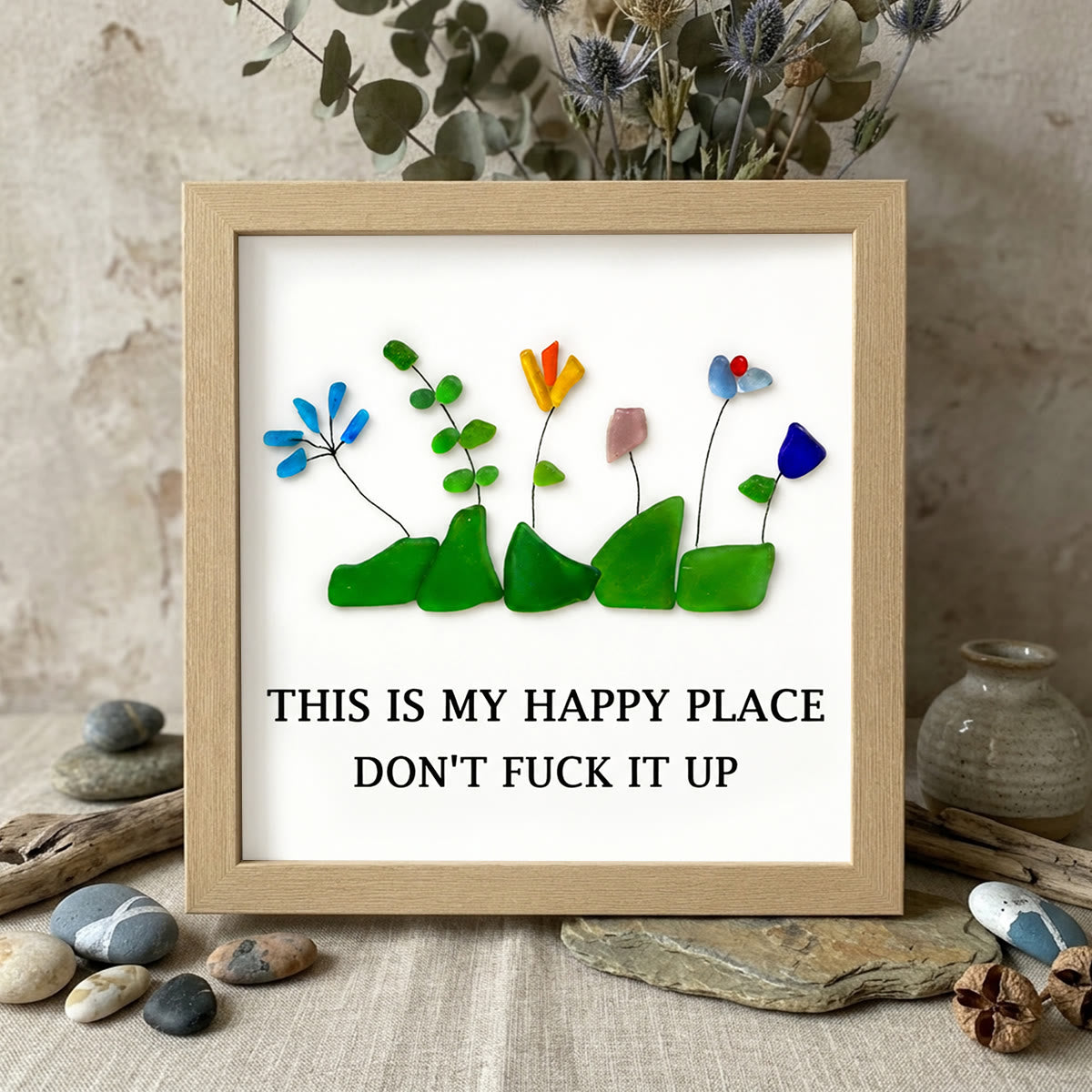 Happy Place Sarcastic Garden Quote Sea Glass Framed Art - Oak - 8" X 8" - image 7