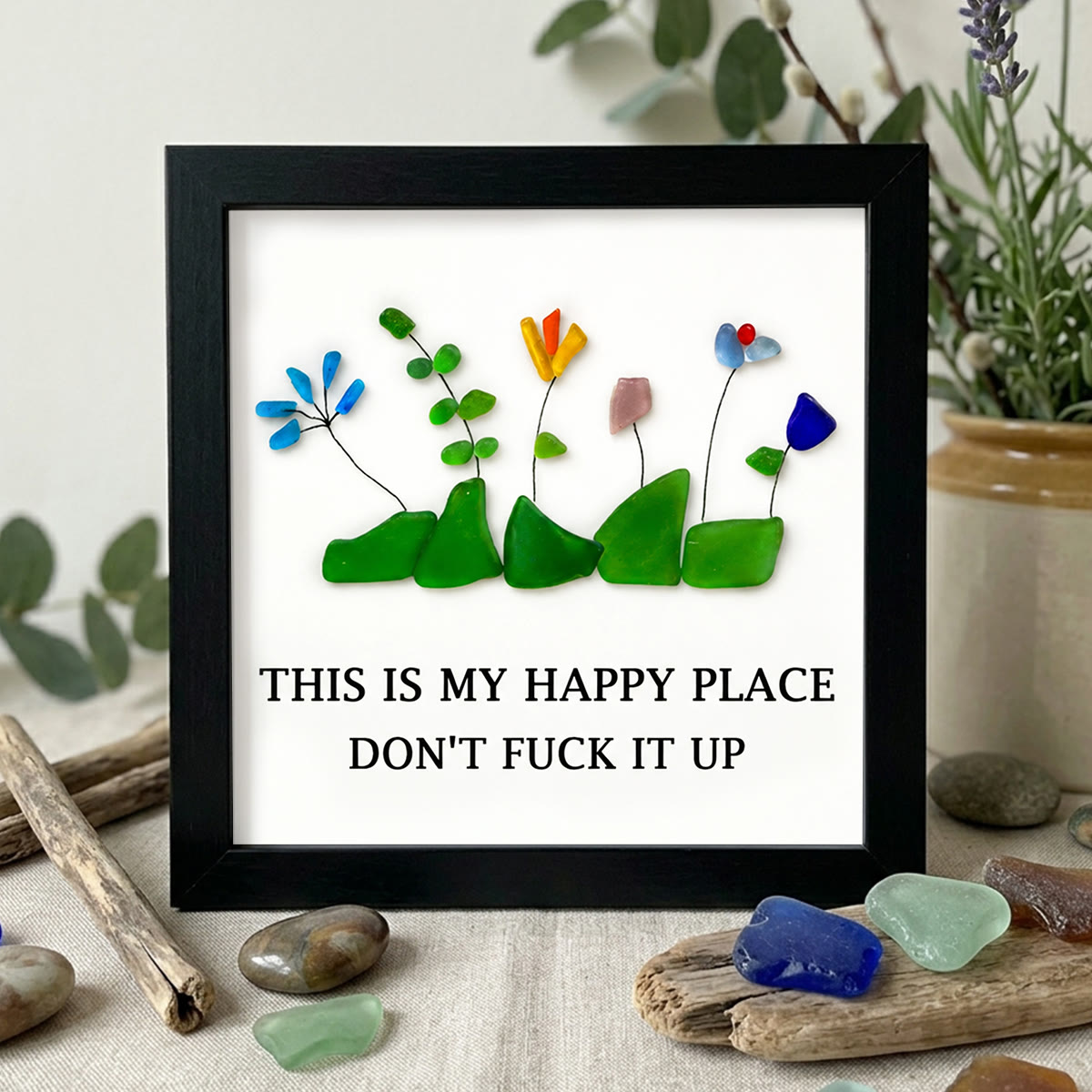 Happy Place Sarcastic Garden Quote Sea Glass Framed Art - Black - 8" X 8" - image 8