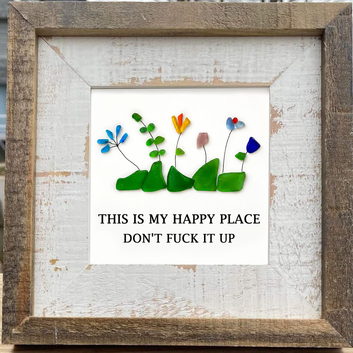 Happy Place Sarcastic Garden Quote Sea Glass Framed Art - image 4