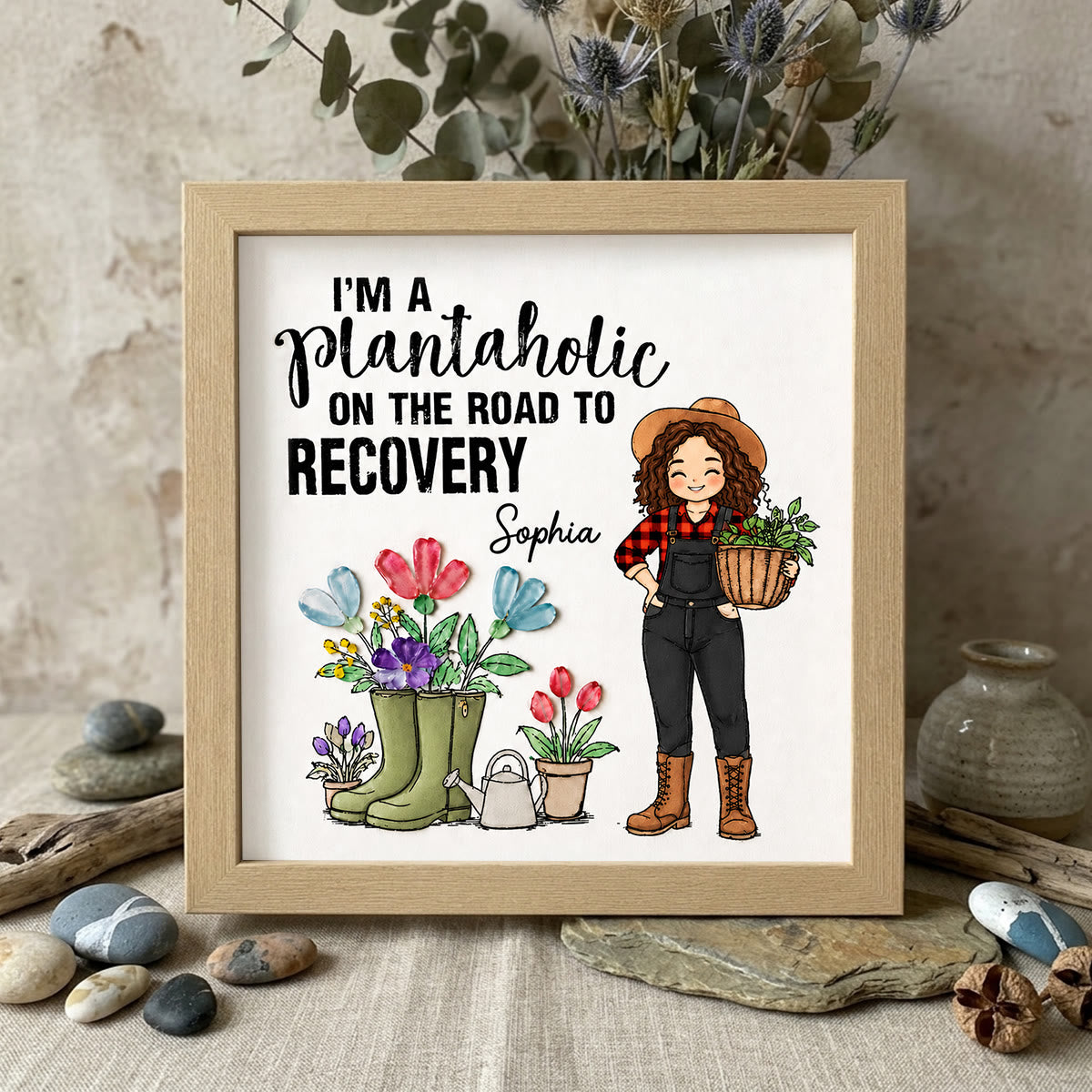 Plantaholic Garden Boots Custom Name Sea Glass Framed Art - Oak - 8" X 8" - image 7