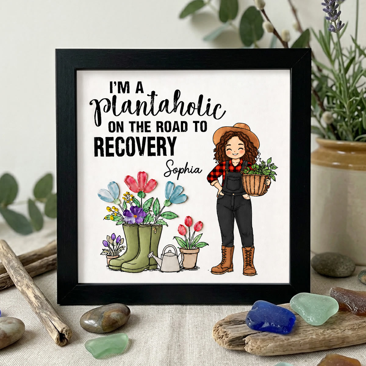 Plantaholic Garden Boots Custom Name Sea Glass Framed Art - Black - 8" X 8" - image 8