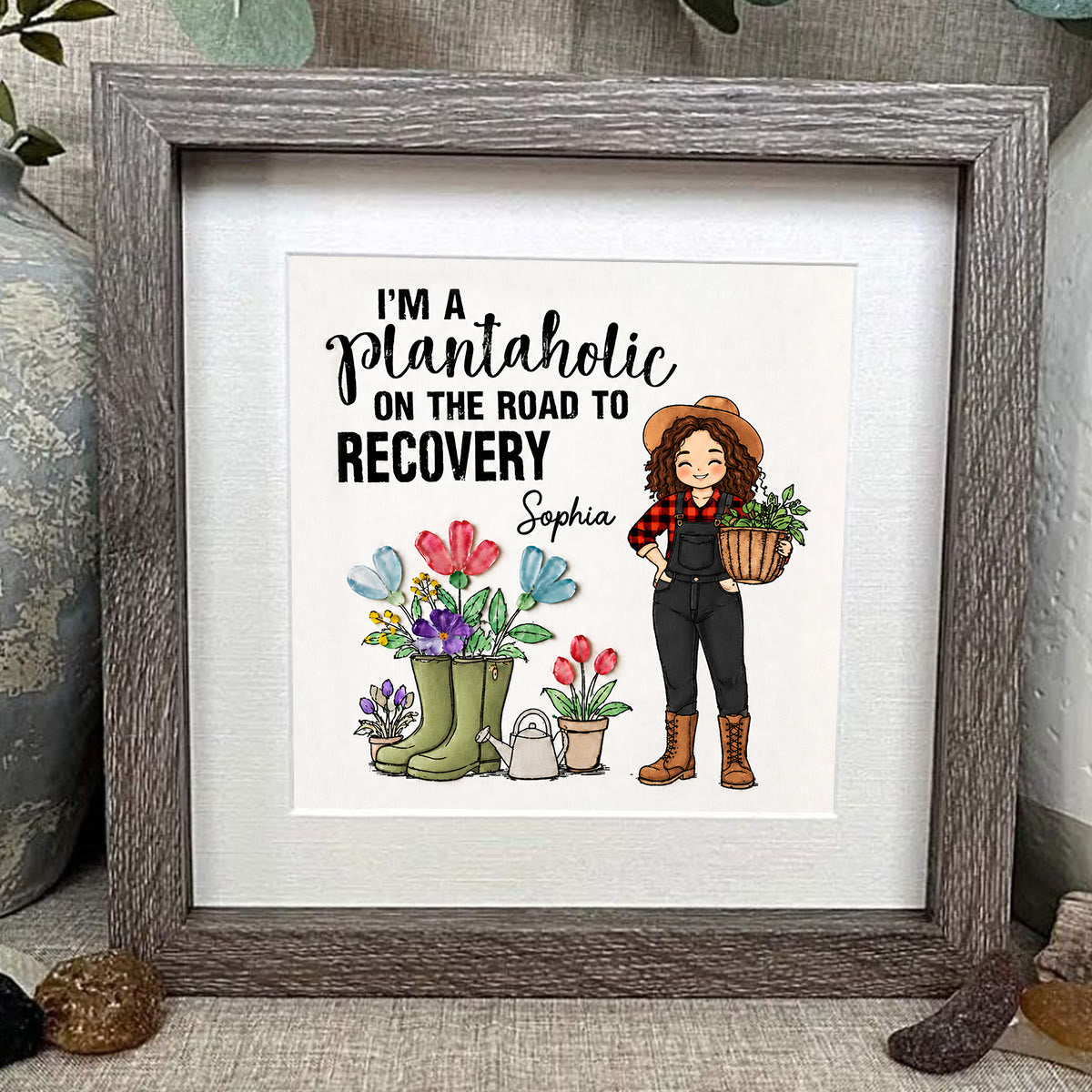 Plantaholic Garden Boots Custom Name Sea Glass Framed Art - image 0