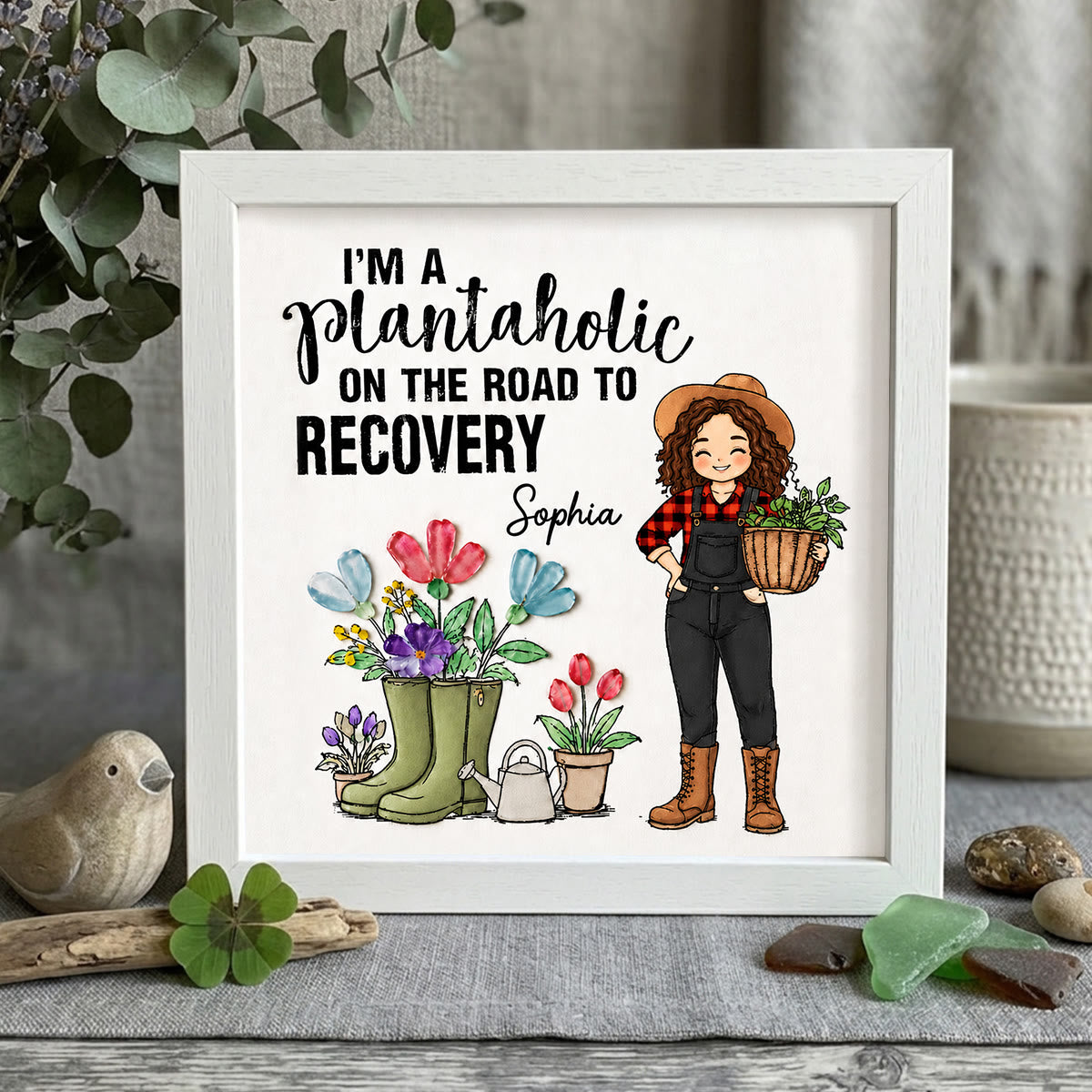 Plantaholic Garden Boots Custom Name Sea Glass Framed Art - White - 8" X 8" - image 9