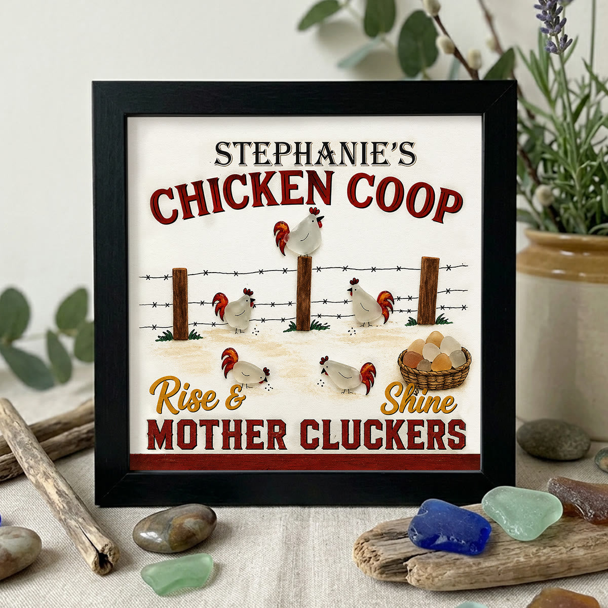 Mother Cluckers Chicken Coop Custom Name Sea Glass Framed Art - Black - 8" X 8" - image 8