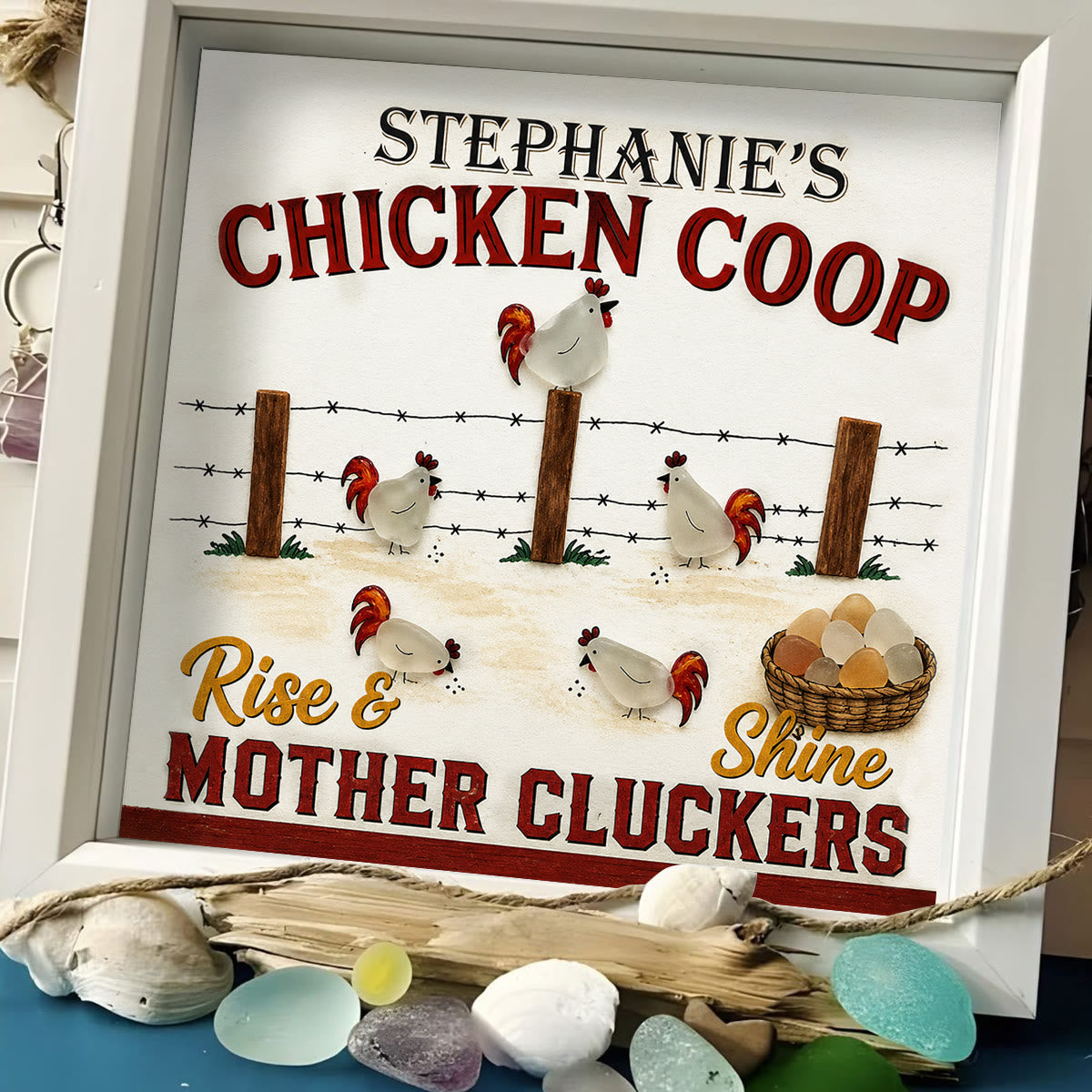 Mother Cluckers Chicken Coop Custom Name Sea Glass Framed Art - image 5