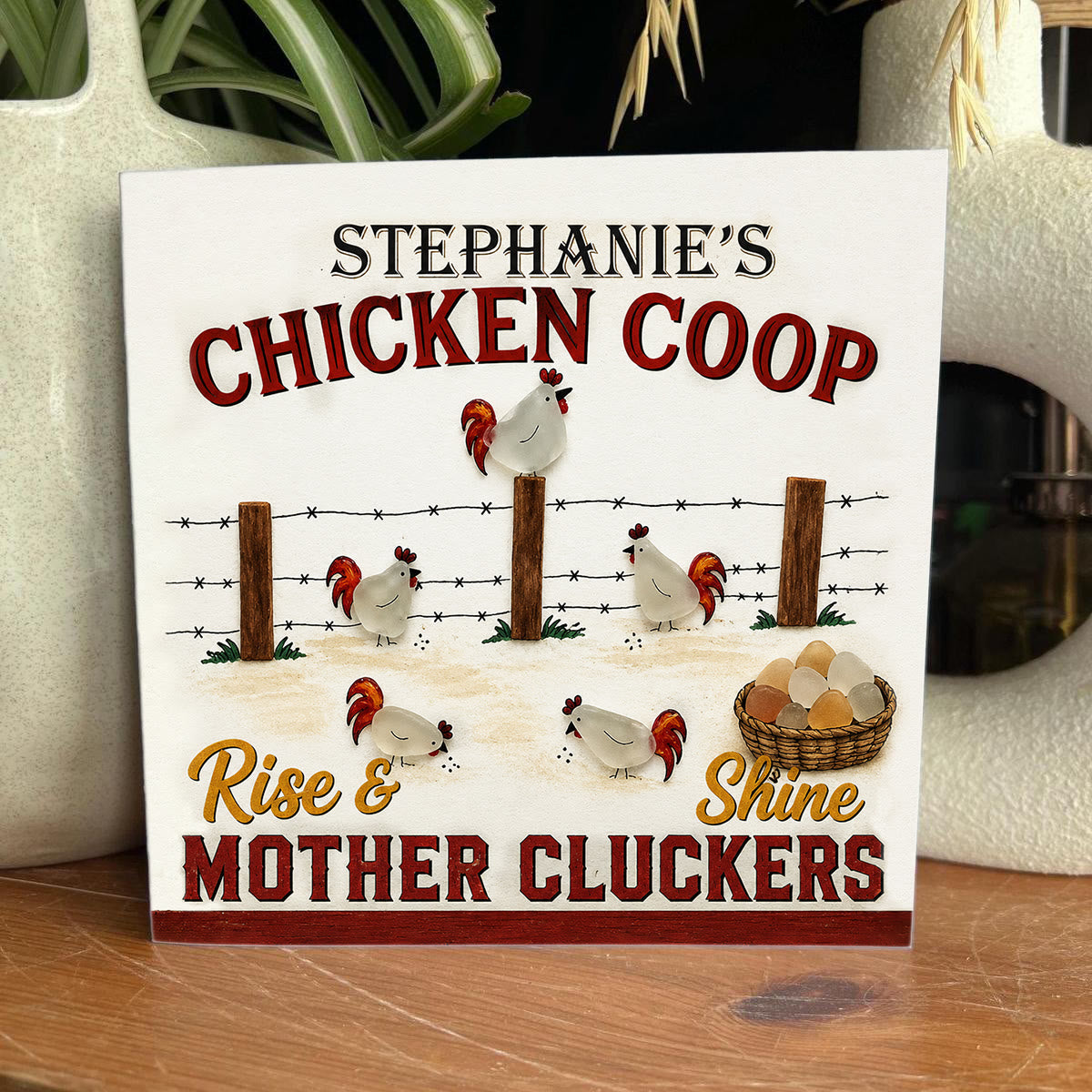 Mother Cluckers Chicken Coop Custom Name Sea Glass Framed Art - Seaglass Card - 8" X 8" - image 1