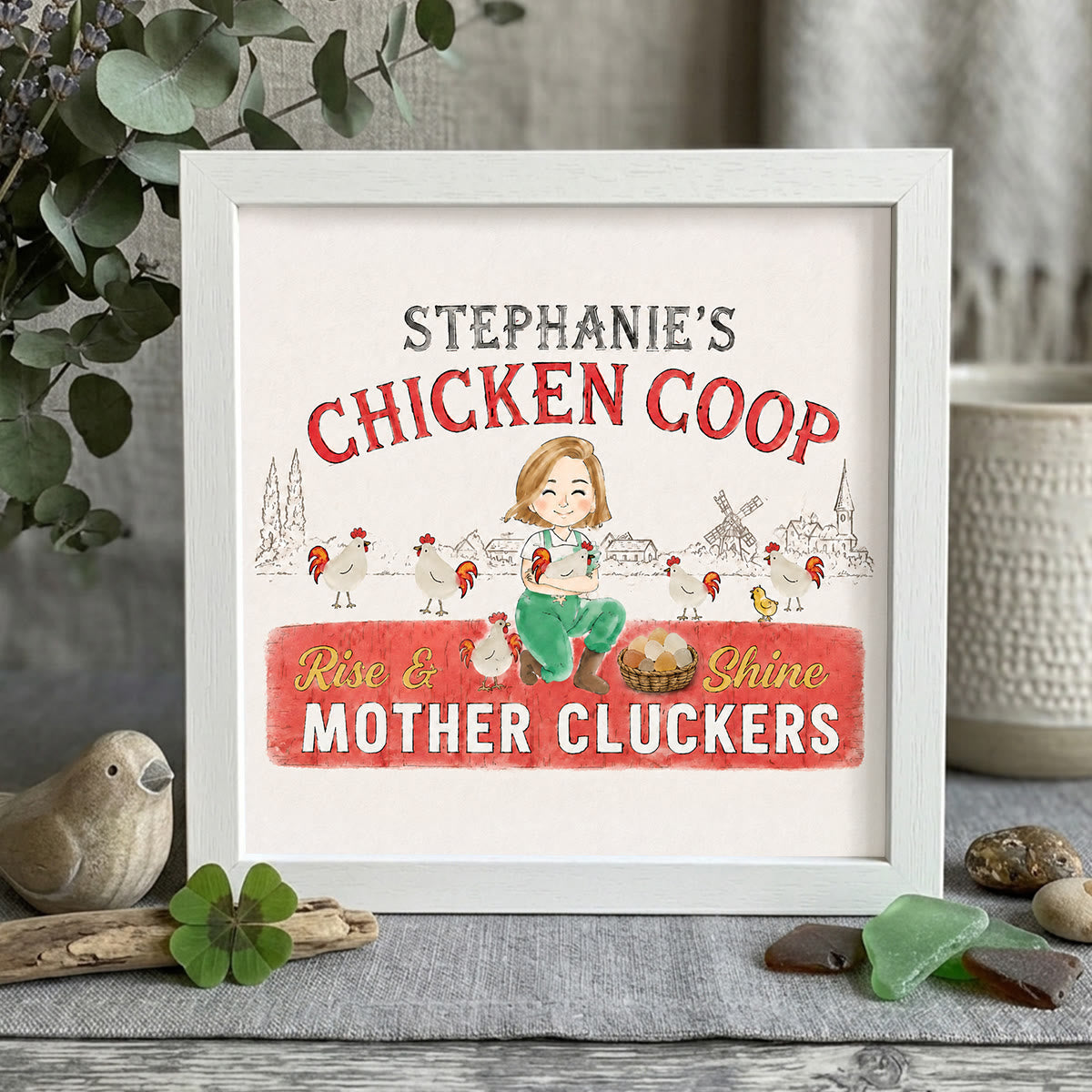 Chicken Lady Coop Sign Custom Name Sea Glass Framed Art - White - 8" X 8" - image 9