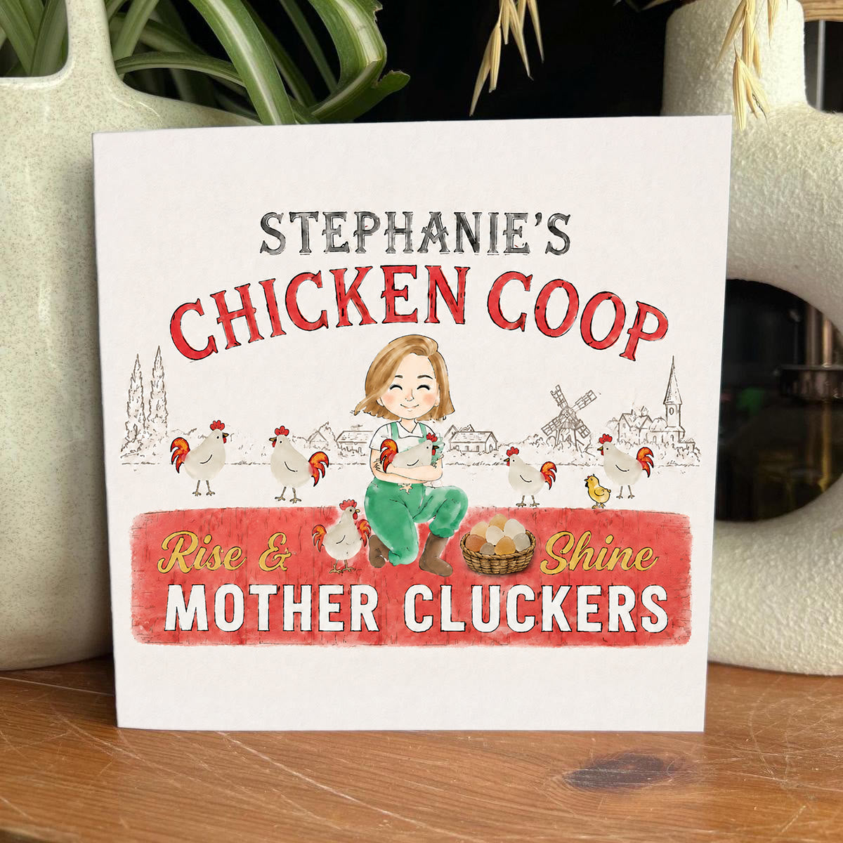 Chicken Lady Coop Sign Custom Name Sea Glass Framed Art - Seaglass Card - 8" X 8" - image 1