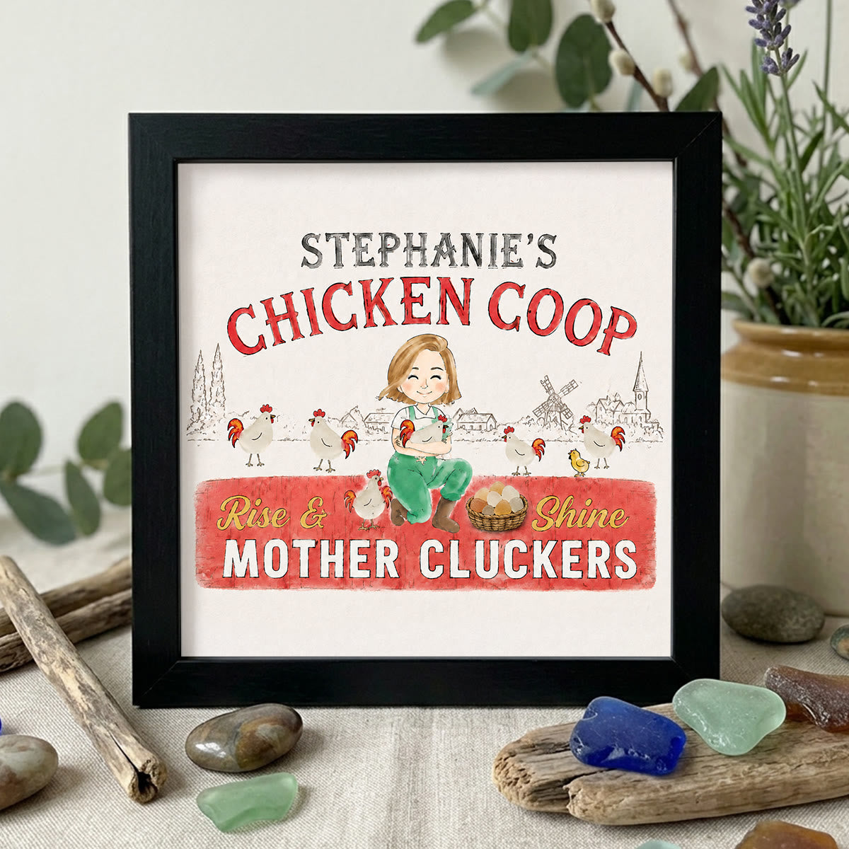 Chicken Lady Coop Sign Custom Name Sea Glass Framed Art - Black - 8" X 8" - image 8